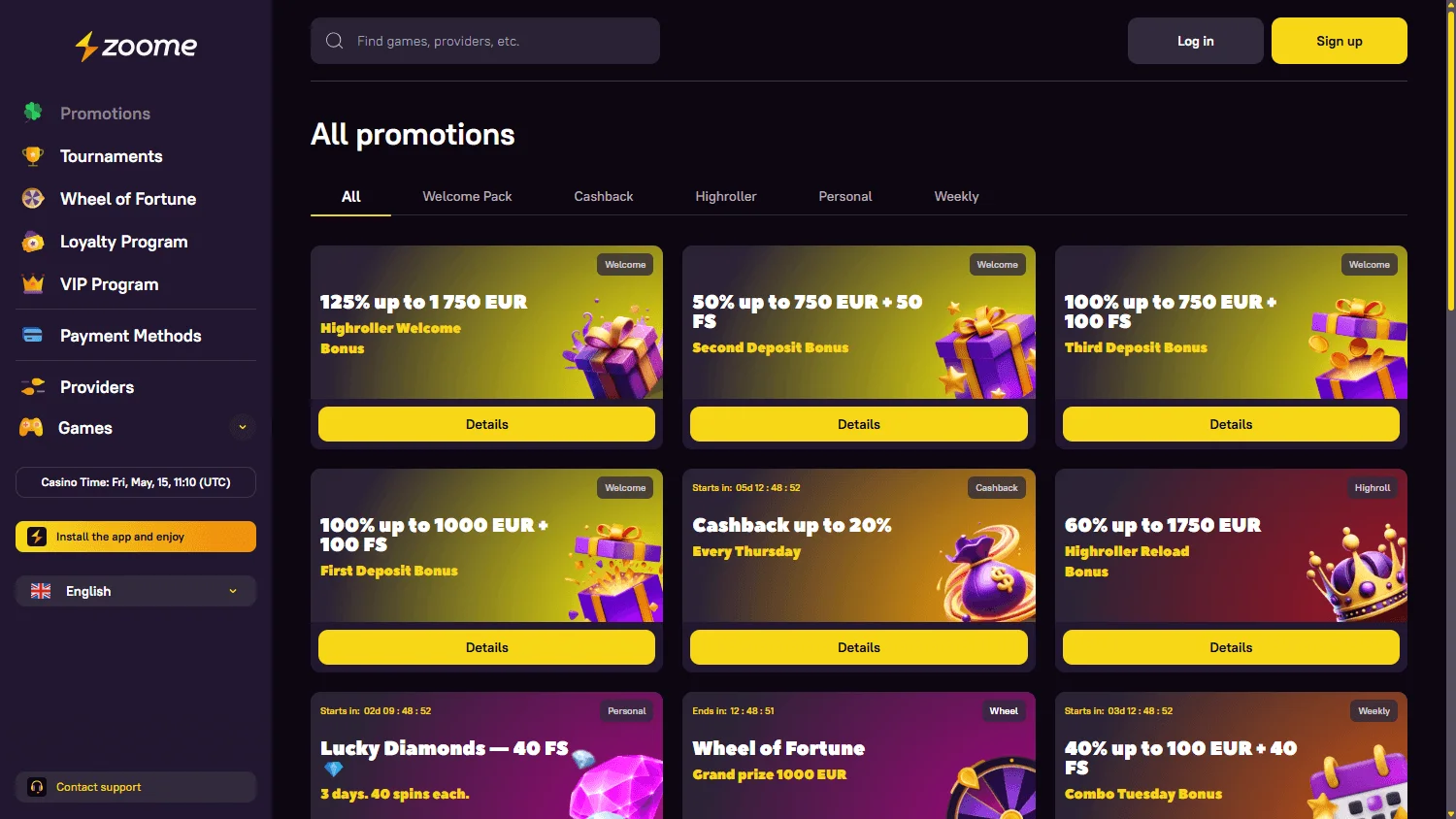 Zoome Casino promotions interface on desktop