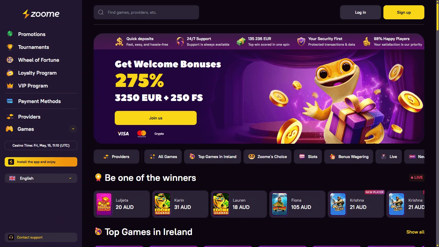 Zoome Casino home interface on desktop