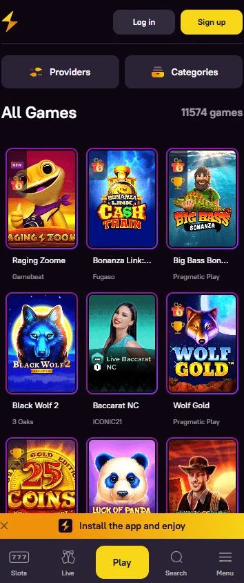 Zoome Casino games interface on a mobile device