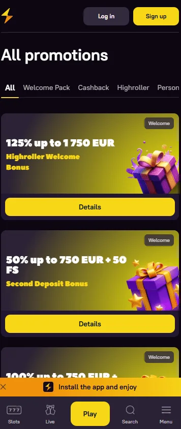 Zoome Casino promotions interface on a mobile device