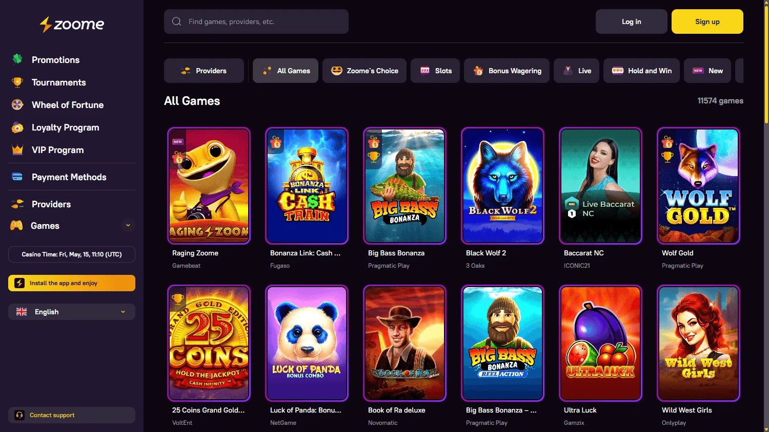 Zoome Casino games interface on desktop